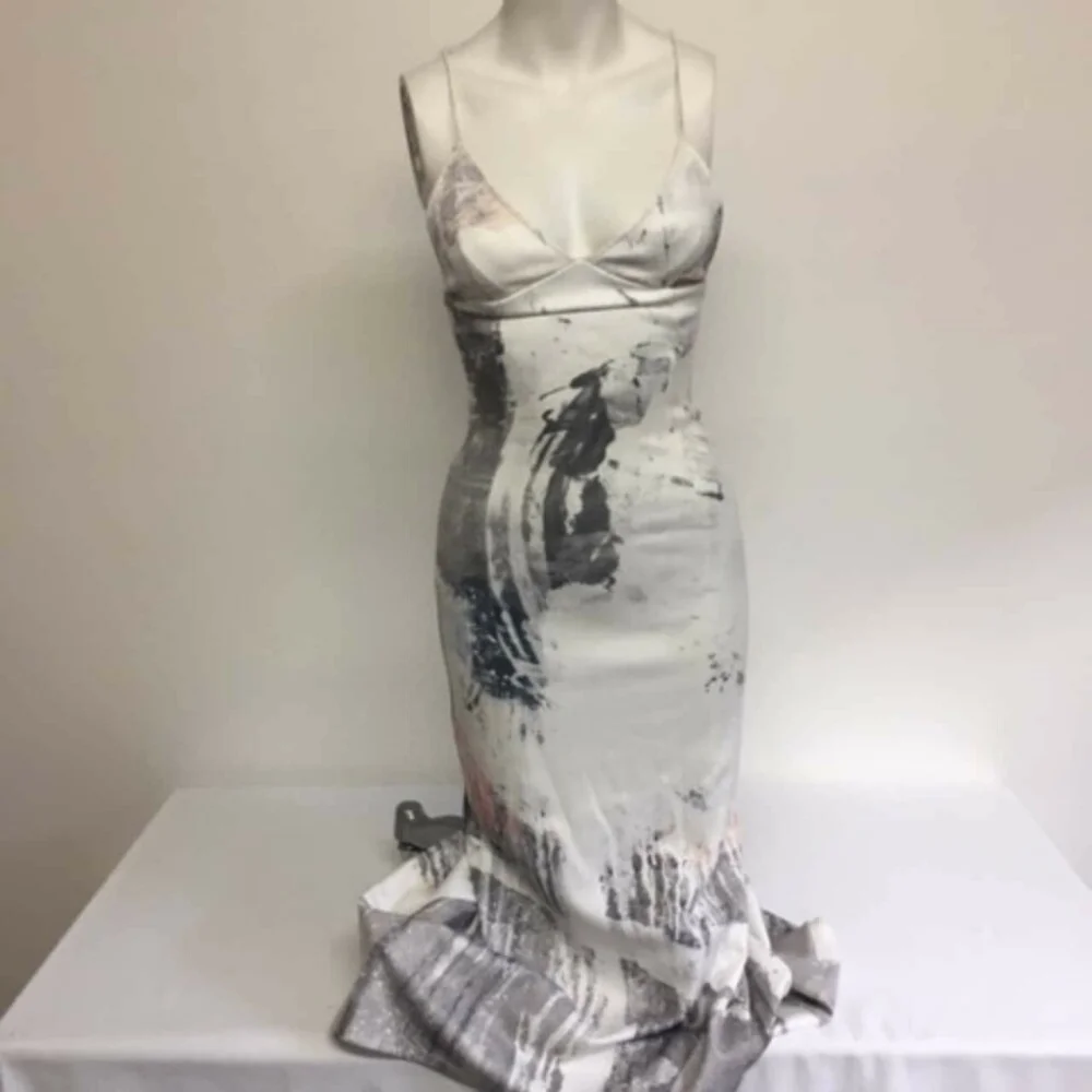 MAURIE & EVE Untold Silver Print Stretch Slip Formal Evening Midi Dress - Picture 6 of 10